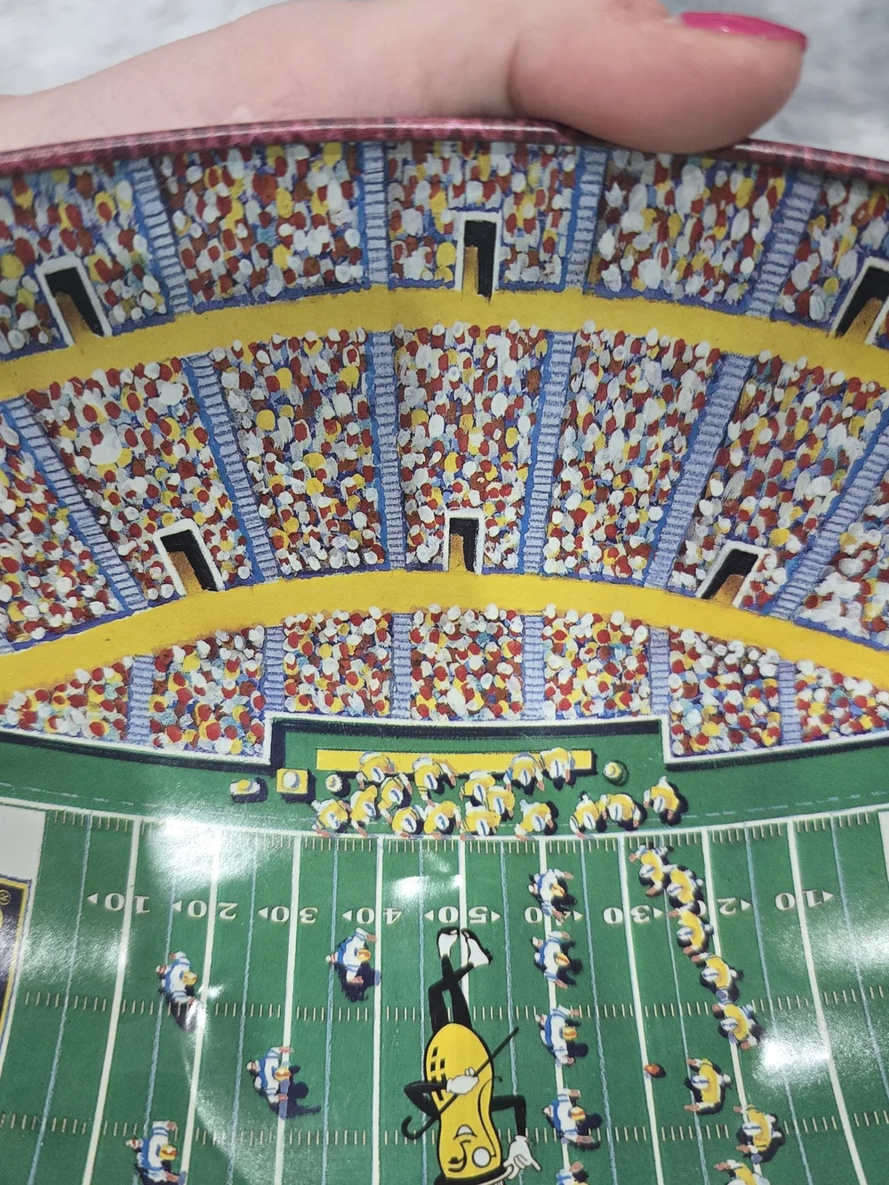 Vintage Planters Football Stadium Tin Nut Tray — Green & Yellow